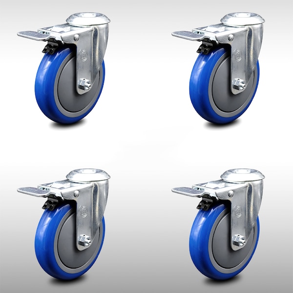 5 Inch SS Blue Polyurethane Swivel Bolt Hole Caster Set with Total Lock Brake